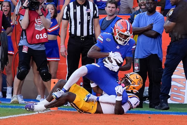 during the first half of an NCAA college football game, Saturday, Nov. 16, 2024, in Gainesville, Fla. (AP Photo/John Raoux)