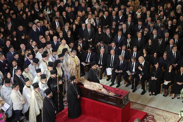 Officials and pilgrims attend the funeral of the late Archbishop Anastasios of Tirana, Durres and All Albania, inside the Cathedral of the Resurrection of Christ, in Tirana, Albania, Thursday, Jan. 30, 2025. (AP Photo/Vlasov Sulaj)