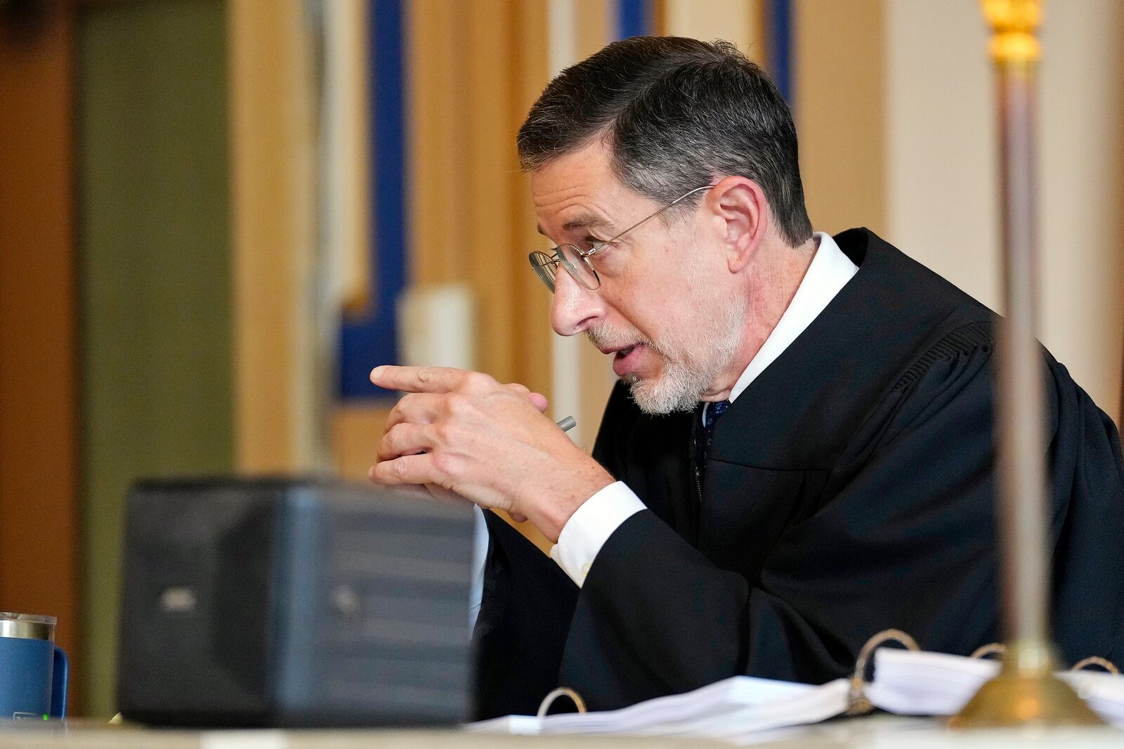 FILE - Hamilton County Common Pleas Court Judge Christian Jenkins presides during arguments on whether to extend a block Ohio's law banning virtually all abortions on a more permanent basis, Friday, Oct. 7, 2022, in Cincinnati. (Sam Greene/The Cincinnati Enquirer via AP, File)