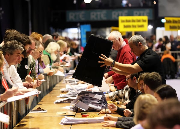 Counting begins for Ireland's General Election at the Royal Dublin Society in Dublin, Ireland, Saturday, Nov. 30, 2024. (AP Photo/Peter Morrison)