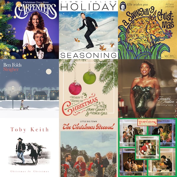 This combination of images shows holiday albums, top row from left, "Christmas Once More" by The Carpenters, "Holiday Seasoning" by Jimmy Fallon, “Ella & Louis Wish You A Swinging Christmas” by Ella Fitzgerald, second row from left, "Sleigher" by Ben Folds, "When I Think of Christmas" by Amy Grant and Vince Gill, "The Gift of Love" by Jennifer Hudson, bottom row from left, “Christmas to Christmas," by Toby Keith, “The Christmas Record” by Little Big Town, and "Give Love At Christmas” by The Temptations. (A&M/UMG Recording, Republic, Verve, New West Records, MCA Nashville, Interscope, Mercury Nashville/UMG, Capitol Records Nashville, Motown via AP)