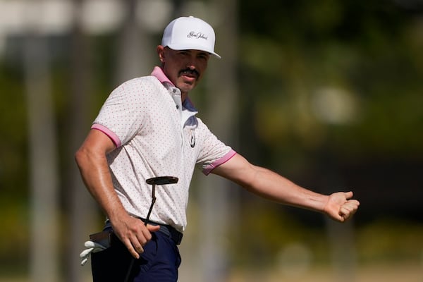 Paul Peterson reacts after his shot on the 16th hole during the first round of the Sony Open golf event, Thursday, Jan. 9, 2025, at Waialae Country Club in Honolulu. (AP Photo/Matt York)