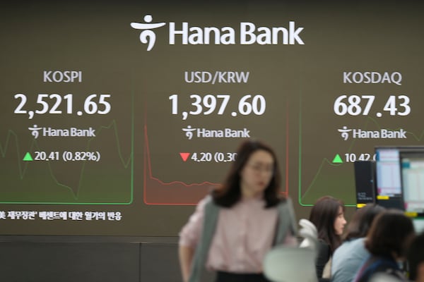 A currency trader walks near the screens showing the Korea Composite Stock Price Index (KOSPI), left, the foreign exchange rate between U.S. dollar and South Korean won and the Korean Securities Dealers Automated Quotations (KOSDAQ) at a foreign exchange dealing room in Seoul, South Korea, Monday, Nov. 25, 2024. (AP Photo/Lee Jin-man)