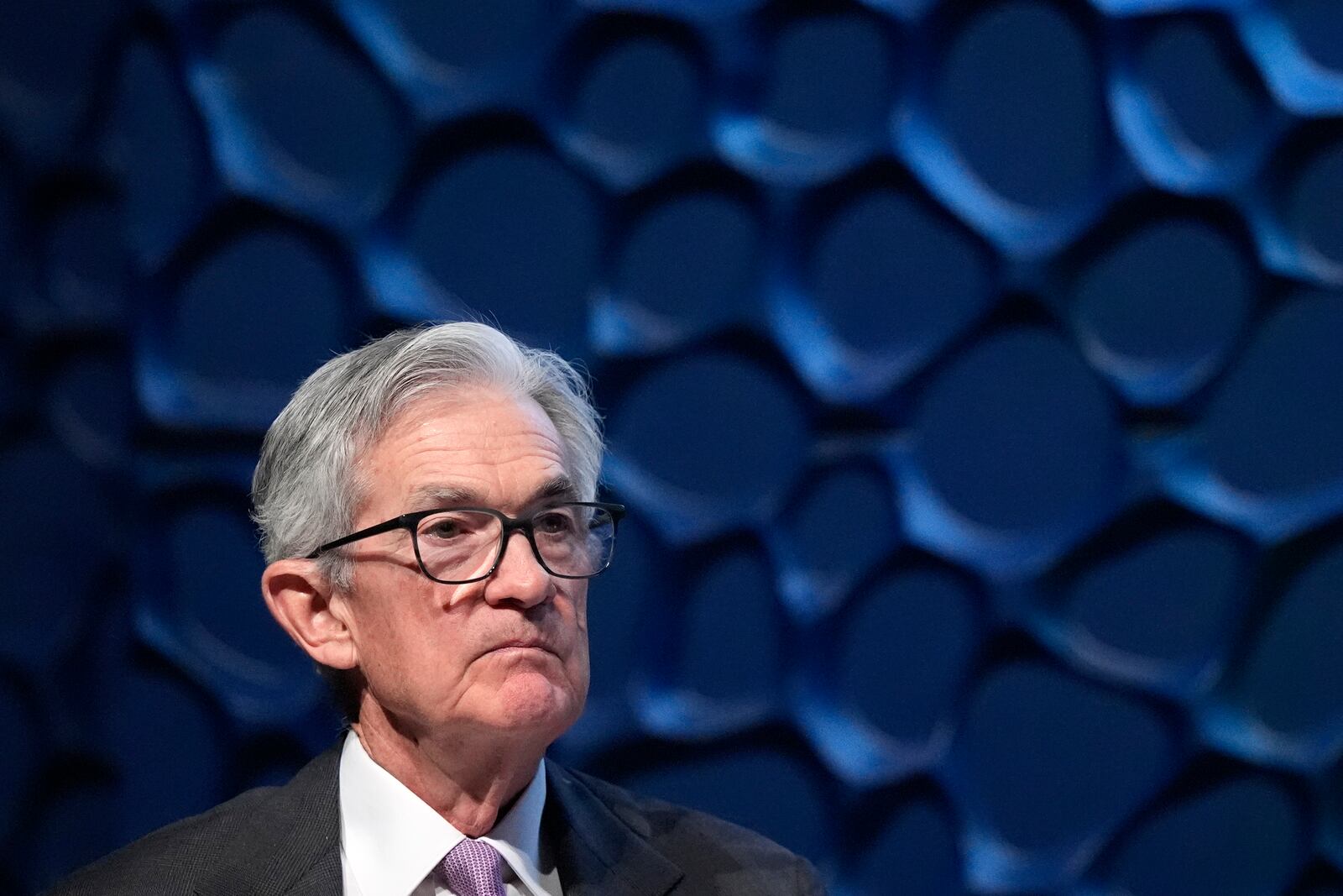 Federal Reserve Chair Jerome Powell listens to a question from the moderator on the stage during a Dallas Regional Chamber event in Music Hall at Fair Park Thursday, Nov. 14, 2024, in Dallas. (AP Photo/LM Otero)