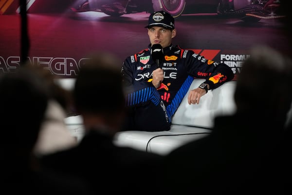 Red Bull driver Max Verstappen, of the Netherlands, fields questions after the F1 Las Vegas Grand Prix auto race, Sunday, Nov. 24, 2024, in Las Vegas. (AP Photo/Matt York)