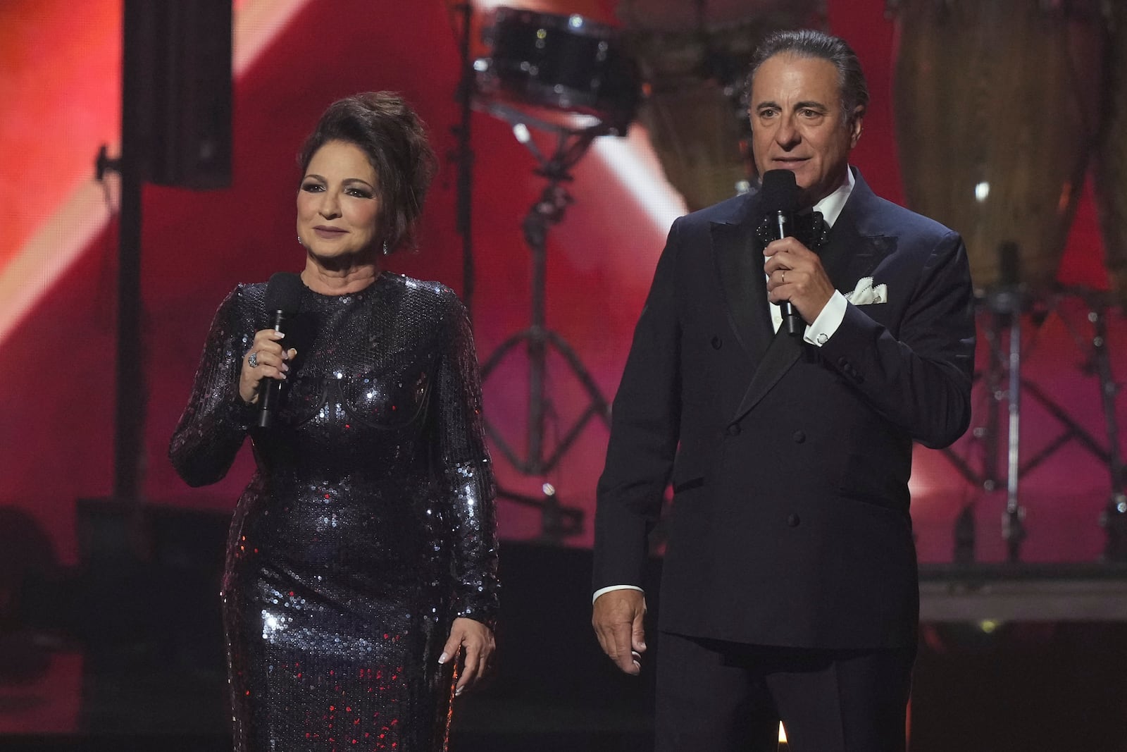 Gloria Estefan and Andy Garcia speak during the 25th Latin Grammy Award ceremony, Thursday, Nov. 14, 2024, in Miami. (AP Photo/Lynne Sladky)