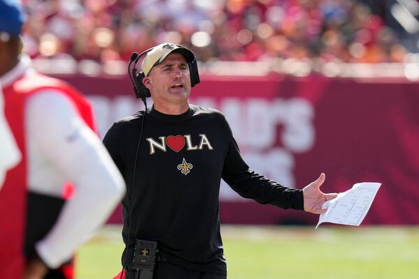 New Orleans Saints interim head coach Darren Rizzi reacts on the sideline during the first half of an NFL football game against the Tampa Bay Buccaneers Sunday, Jan. 5, 2025, in Tampa, Fla. (AP Photo/Chris O'Meara)