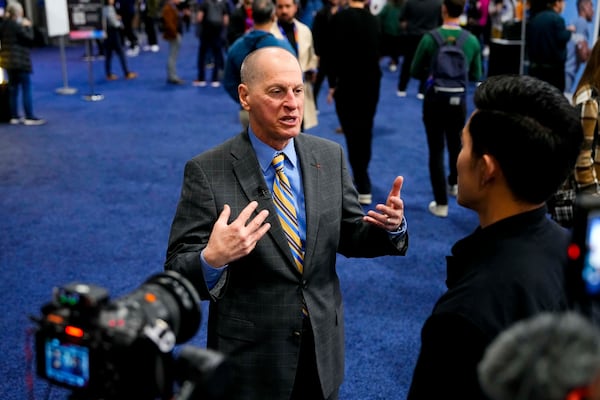 Gary Shapiro, CEO of the Consumer Technology Association, talks during an interview at 2025 CES Unveiled, Sunday, Jan. 5, 2025, in Las Vegas. (AP Photo/Jack Dempsey)