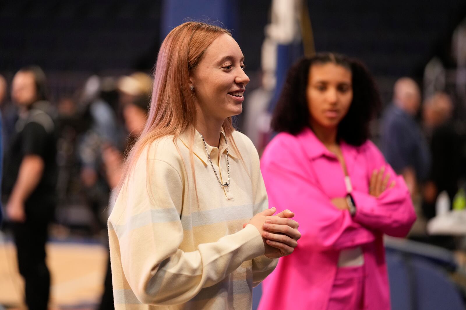 UConn basketball player Paige Bueckers talks to reporters during the Big East NCAA college basketball media day in New York, Wednesday, Oct. 23, 2024. (AP Photo/Seth Wenig)