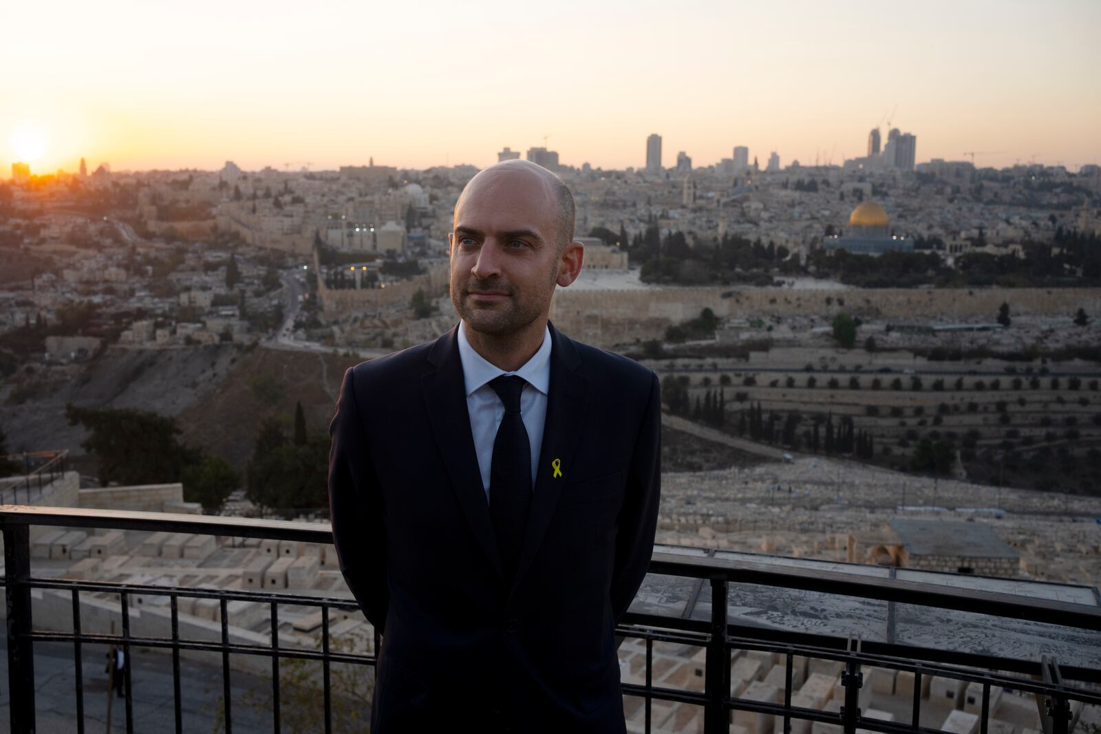 French Foreign Minister Jean-Noël Barrot poses for photographers overlooking the Old City of Jerusalem, including the Dome of the Rock Mosque in the Al-Aqsa Mosque compound, right, from the Mount of Olives during his visit to Jerusalem, Thursday, Nov. 7, 2024. (AP Photo/Maya Alleruzzo)