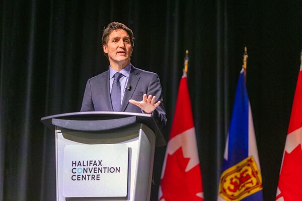 Canadian Prime Minister Justin Trudeau attends a fireside chat with the Halifax Chamber of Commerce in Halifax Monday Dec. 9, 2024. (Riley Smith/The Canadian Press via AP)