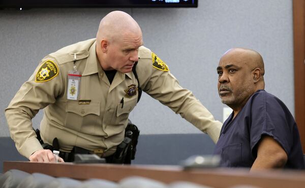 Duane “Keffe D” Davis, right, appears in court for a hearing on a motion to dismiss charges for his involvement in the 1996 killing of rapper Tupac Shakur, Tuesday, Jan. 21, 2025 in Las Vegas. (Ethan Miller/Pool Photo via AP)