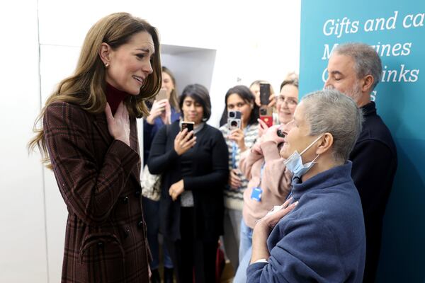 Britain's Princess Kate, left, talks with Rebecca Mendelhson during a visit to The Royal Marsden Hospital, where she received her cancer treatment, in London, Tuesday Jan. 14, 2025 in London, England. (Chris Jackson/Pool Photo via AP)