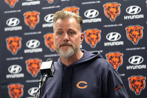 Chicago Bears head coach Matt Eberflus talks to the media after an NFL football game against the Chicago Bears in Detroit, Thursday, Nov. 28, 2024. (AP Photo/Carlos Osorio)