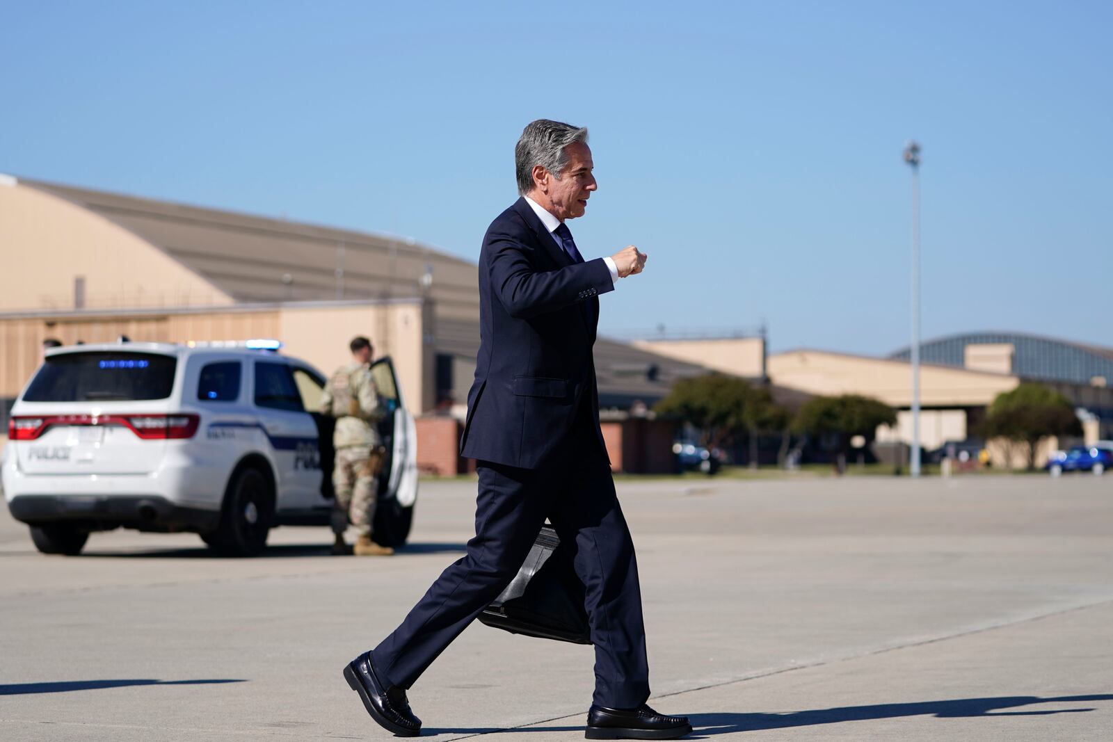 Secretary of State Antony Blinken walks to board a plane en route to the Middle East as he departs Joint Base Andrews, Md., Monday, Oct. 21, 2024. (Nathan Howard/Pool Photo via AP)