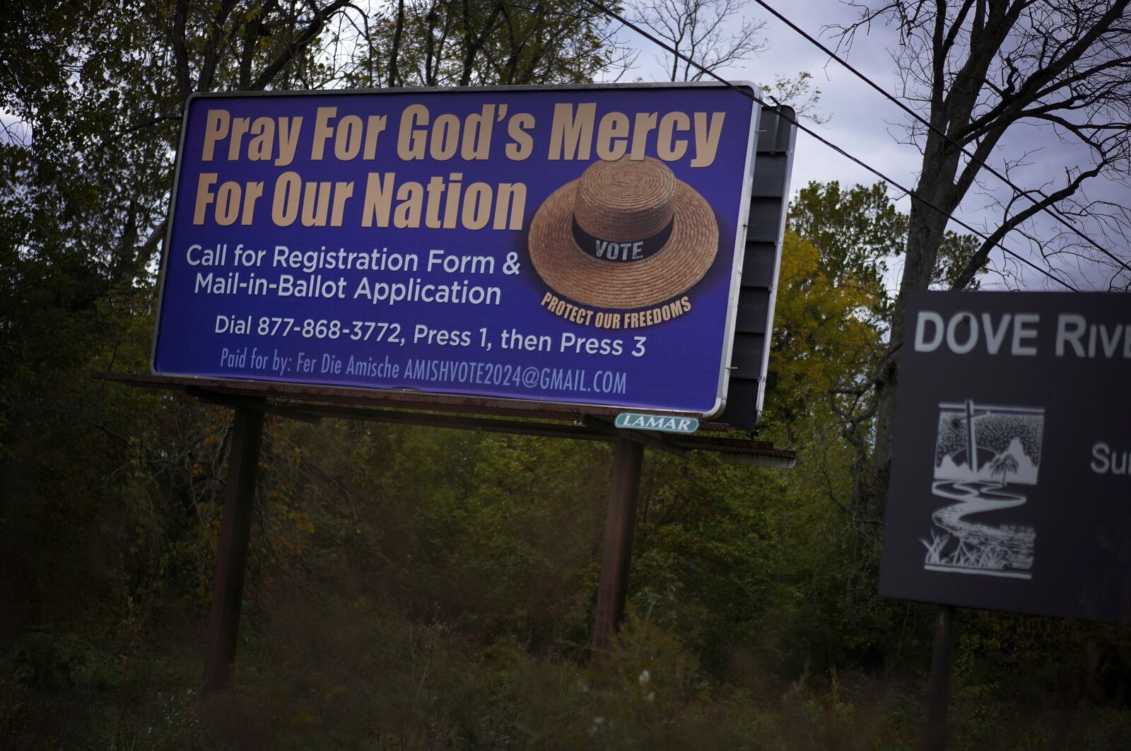 A voting advertisement geared toward the Amish population of Lancaster County is displayed on Tuesday, Oct. 15, 2024, in Strasburg, Pa. (AP Photo/Jessie Wardarski)