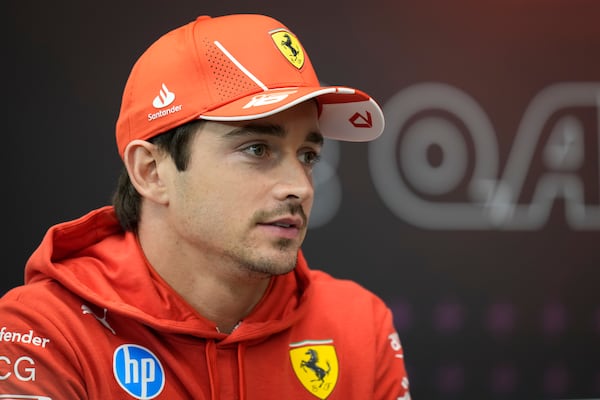 Ferrari driver Charles Leclerc of Monaco attends a news conference at the Lusail International Circuit in Lusail, Qatar, ahead of the Qatar Grand Prix, Thursday, Nov. 28, 2024. (AP Photo/Darko Bandic)