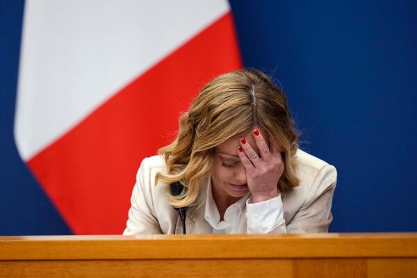 Italian Premier Giorgia Meloni holds the 2024 year-end press conference, in Rome, Thursday, Jan. 9, 2025. (AP Photo/Alessandra Tarantino)