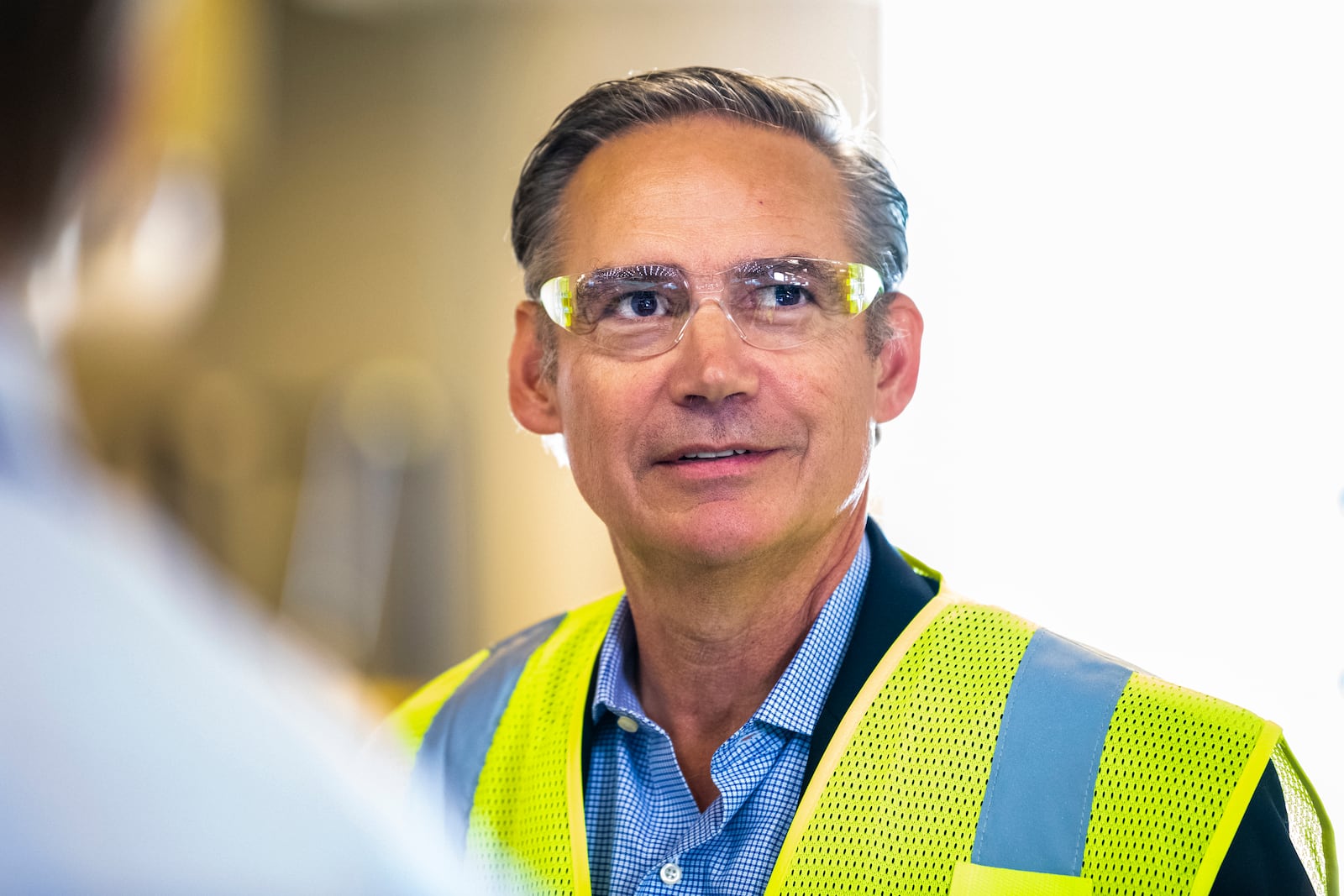 In this photo provided by Boeing, CEO Kelley Ortberg is shown during a visit to the Boeing factory on Aug. 8, 2024 in Renton, Wash. (Marian Lockhart/Boeing via AP)