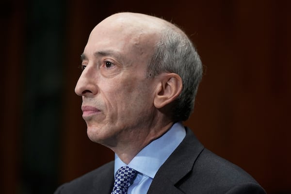 FILE - Securities and Exchange Commission Chair Gary Gensler listens during a Senate Banking Committee Hybrid hearing on 'Oversight of the U.S. Securities and Exchange Commission," on Sept. 12, 2023, on Capitol Hill in Washington. (AP Photo/Mariam Zuhaib, File)