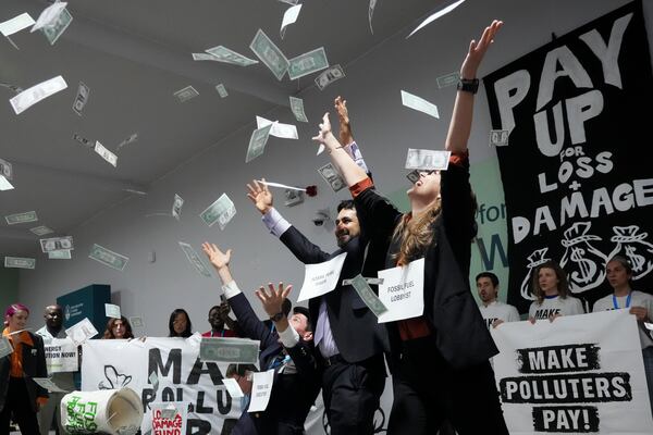 FILE - Activists participate in a demonstration for climate finance at the COP29 U.N. Climate Summit, Nov. 21, 2024, in Baku, Azerbaijan. (AP Photo/Sergei Grits, File)