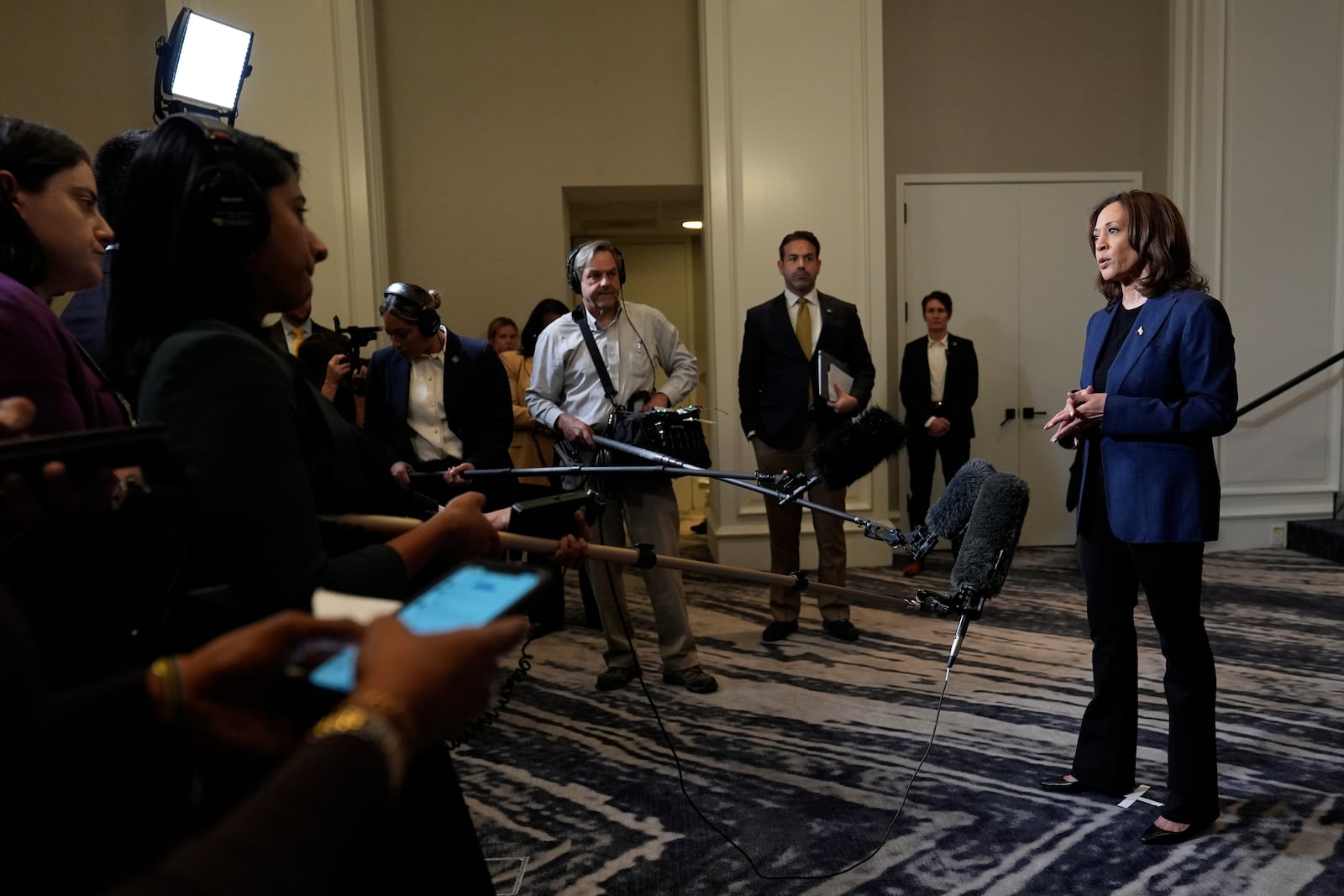 Democratic presidential nominee Vice President Kamala Harris speaks to reporters in Houston, Friday, Oct. 25, 2024. (AP Photo/Susan Walsh)