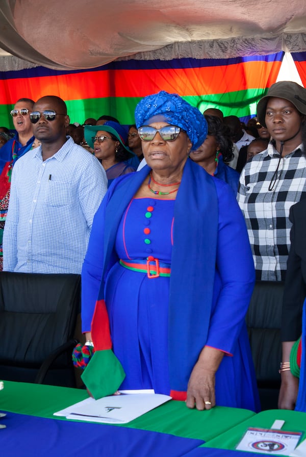 Namibia's vice president Netumbo Nandi-Ndaitwah, centre, of the ruling South West Africa People's Organization, (SWAPO) attends an election rally in Windhoek, Namibia, Sunday, Nov. 24, 2024 ahead of elections Wednesday, Nov. 27, 2024. (AP Photo/Esther Mbathera)