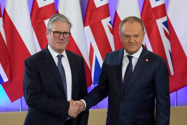 Britain's Prime Minister Keir Starmer meets Polish Prime Minister Donald Tusk, right, in Warsaw, Friday, Jan. 17, 2025. (AP Photo/Czarek Sokolowski)