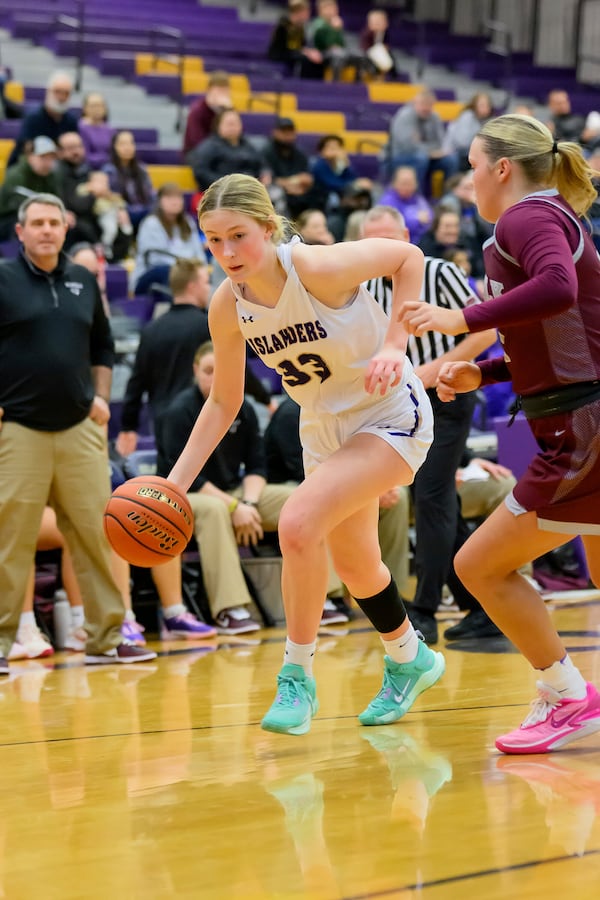 Grand Island High School's Emmy Ward dribbles during a girls high school basketball game against Norfolk High School, Jan. 26, 2024 in Grand Island, Neb. (Jimmy Rash/The Independent via AP)