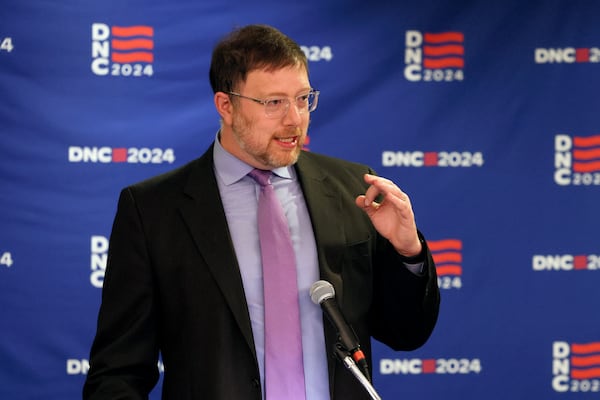 FILE - Ben Wikler, chair of the Democratic Party of Wisconsin, discusses the 2024 Democratic National Convention during a news conference, April 18, 2024, in Chicago. (AP Photo/Teresa Crawford, File)