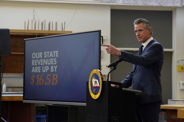 California Gov. Gavin Newsom delivers a briefing of his proposed 2025-26 state budget at California State University, Stanislaus, in Turlock, Calif., Jan. 6, 2025, (AP Photo/Rich Pedroncelli).