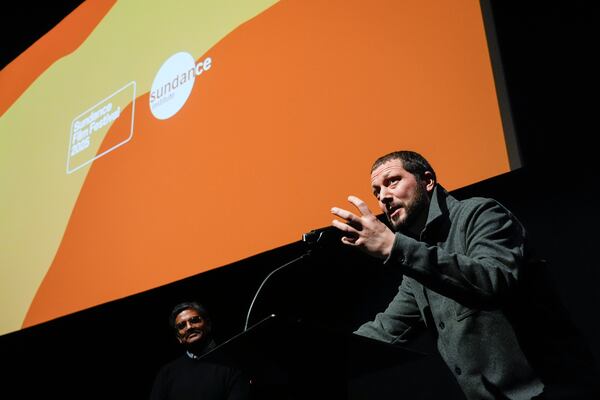 Mstyslav Chernov speaks at the premiere of "2000 Meters to Andriivka" during the Sundance Film Festival on Thursday, Jan. 23, 2025, at The Ray Theatre in Park City, Utah. (AP Photo/Chris Pizzello)