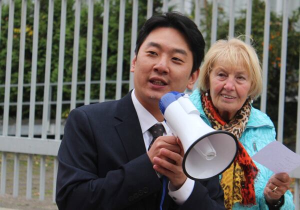 Choi Jin-young, a son of Choi Chun-kil, 65, who is one of at least six South Koreans who have all but disappeared since being arrested in North Korea in the past decade or so, speaks outside of the North Korean embassy in Berlin, Germany, Oct. 31, 2024. (Kim Kae-yeon/Yonhap via AP)