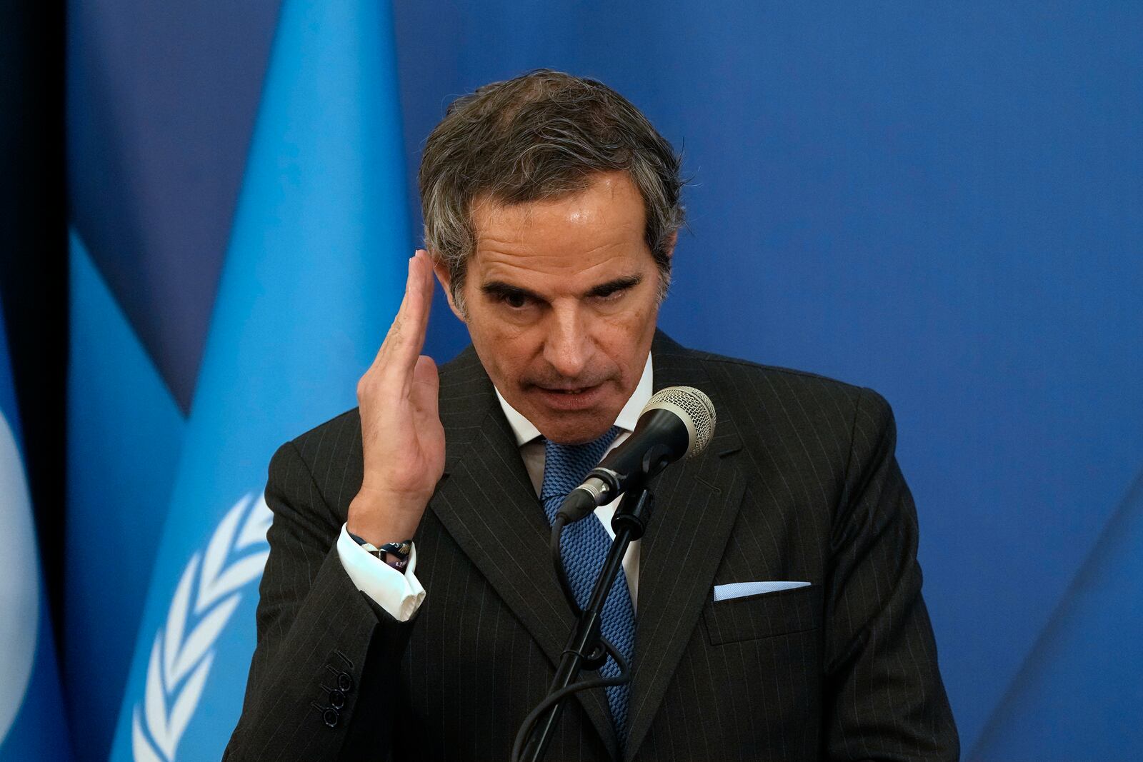 International Atomic Energy Agency, IAEA, Director General Rafael Mariano Grossi speaks during a joint press briefing with Iran's Atomic Energy Organization head Mohammad Eslami in Tehran, Iran, Thursday, Nov. 14, 2024. (AP Photo/Vahid Salemi)