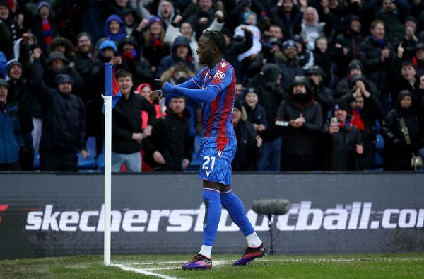 Crystal Palace's Romain Esse celebrates after scoring during a Premier League soccer match against Brentford at Selhurst Park, London, Sunday Jan. 26, 2025. (Nigel French/PA via AP)