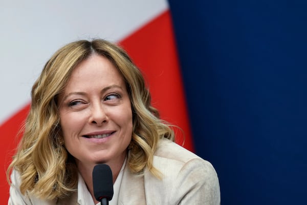 Italian Premier Giorgia Meloni holds the 2024 year-end press conference, in Rome, Thursday, Jan. 9, 2025. (AP Photo/Alessandra Tarantino)