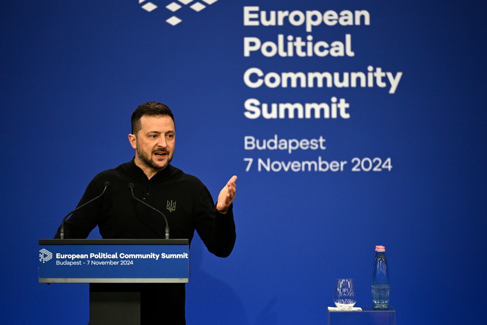 Ukraine's President Volodymyr Zelenskyy speaks during a press conference during the European Political Community (EPC) Summit at the Puskas Arena in Budapest , Hungary, Thursday, Nov. 7, 2024. (AP Photo/Denes Erdos)