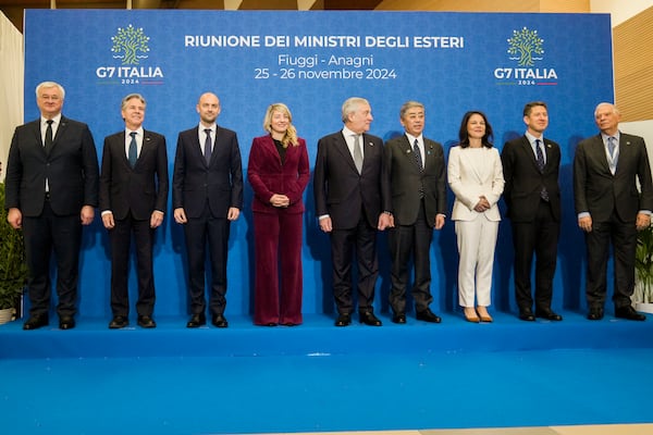 From left, Ukrainian Foreign Minister Andrii Sybiha, U.S. Secretary of State Antony Blinken, French Foreign Minister Jean-Noël Barrot, Canada's Foreign Minister Melanie Joly, Italian Foreign Minister Antonio Tajani, Japanese Foreign Minister Takeshi Iwaya, German Foreign Minister Annalena Baerbock, Britain's Foreign Office Political Director Christian Turner, and European Union foreign policy chief Josep Borrell pose for a family photo at the G7 of foreign Ministers in Fiuggi, some 70 kilometers south-east of Rome, Tuesday, Nov. 26, 2024. (AP Photo/Alessandra Tarantino, Pool)