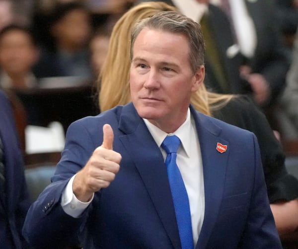 FILE - Lt. Governor Jon Husted gives a thumbs up in the Ohio House chambers at the Ohio Statehouse, April 10, 2024 in Columbus. (Barbara J. Perenic /The Columbus Dispatch via AP, File)