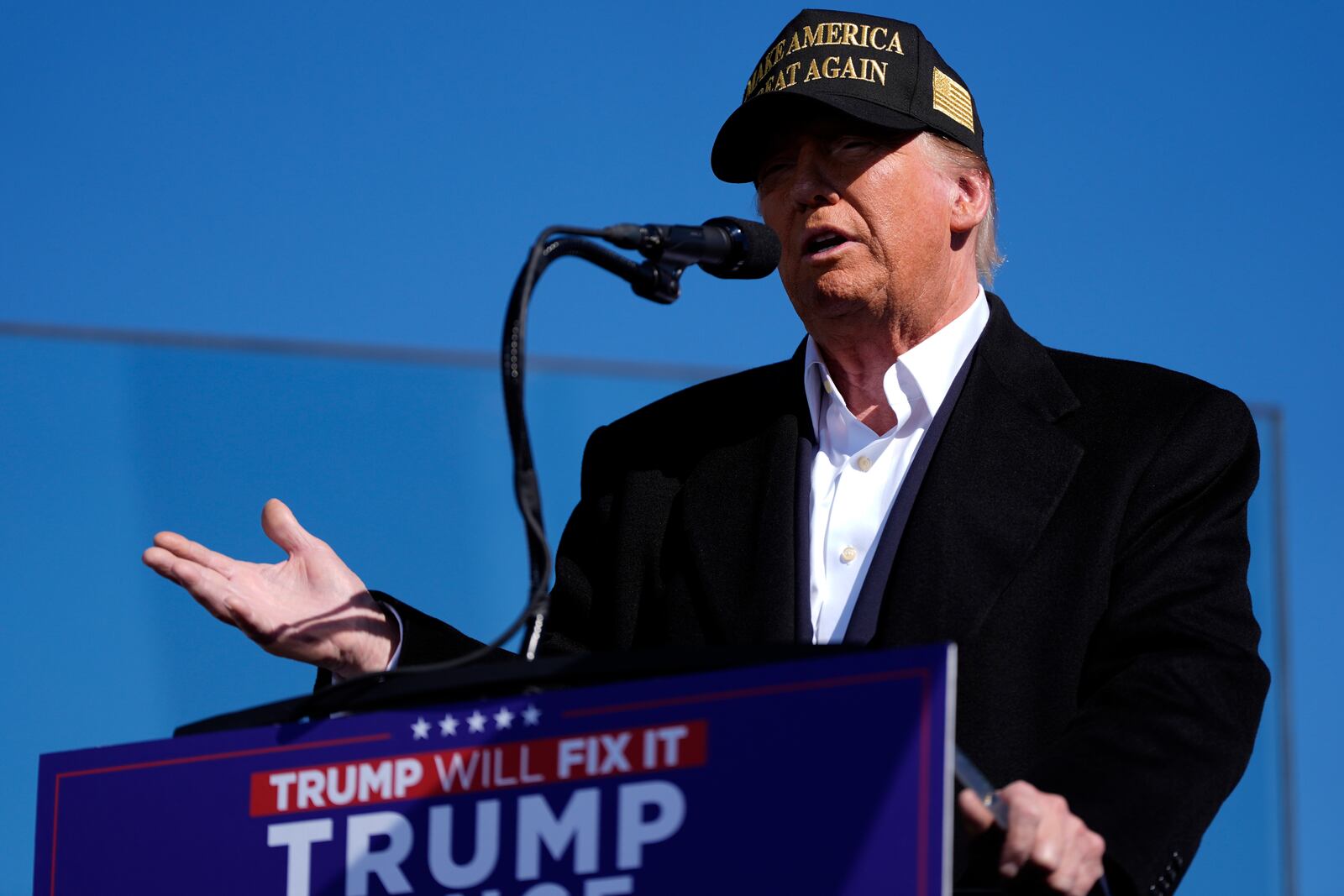 Republican presidential nominee former President Donald Trump speaks at a campaign rally at Albuquerque International Sunport, Thursday, Oct. 31, 2024, in Albuquerque, N.M. (AP Photo/Julia Demaree Nikhinson)