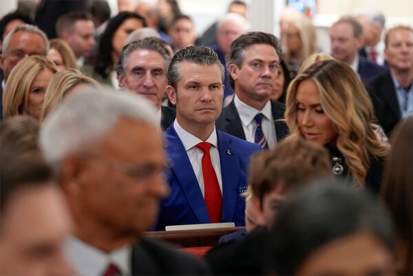 Defense Secretary nominee Pete Hegseth arrives before President-elect Donald Trump at a service at St. John's Church, Monday, Jan. 20, 2025, in Washington, ahead of the 60th Presidential Inauguration. (AP Photo/Evan Vucci)