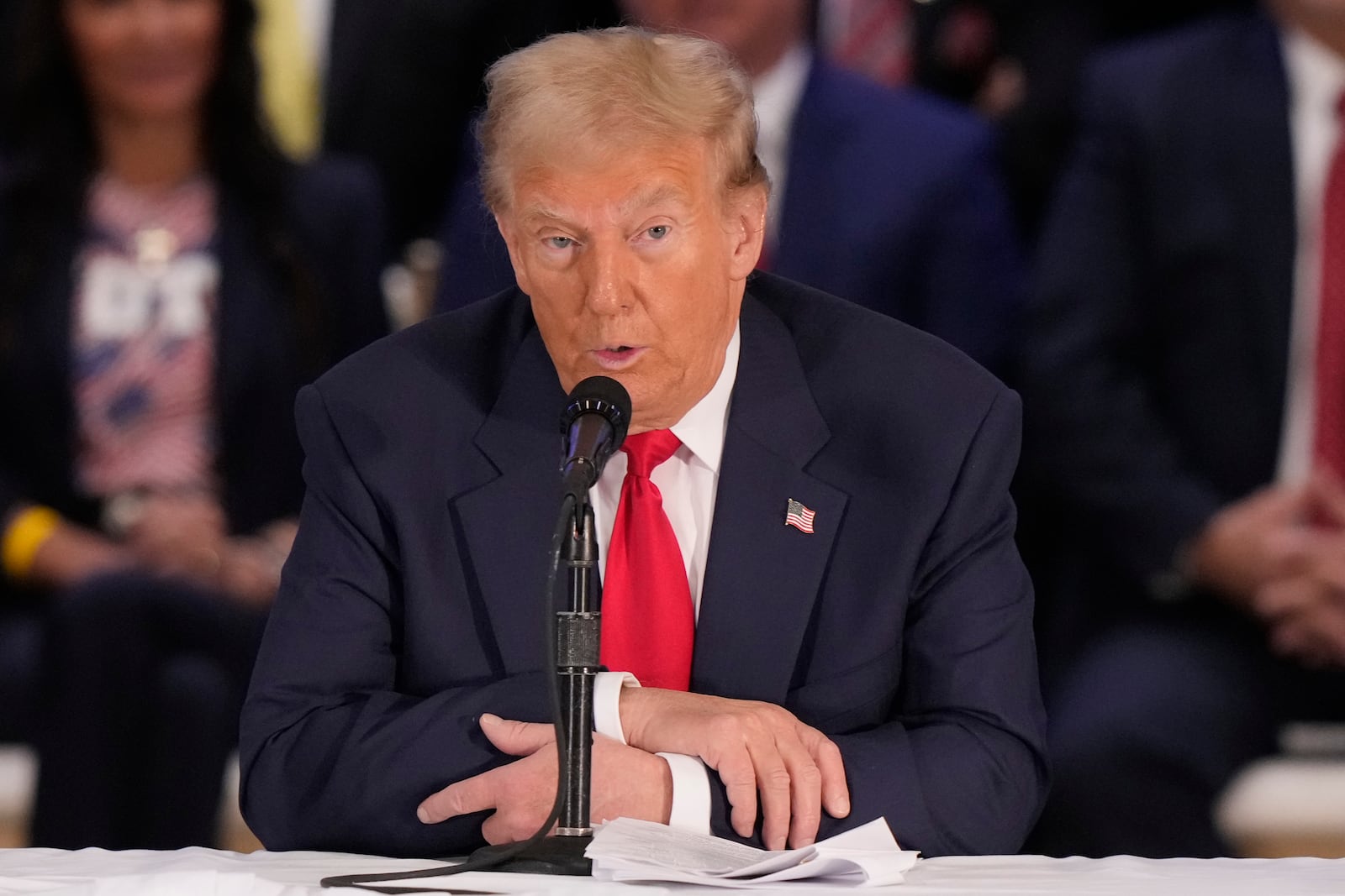 Republican presidential nominee former President Donald Trump participates in a roundtable with Latino leaders Tuesday, Oct. 22, 2024, in Doral, Fla. (AP Photo/Lynne Sladky)