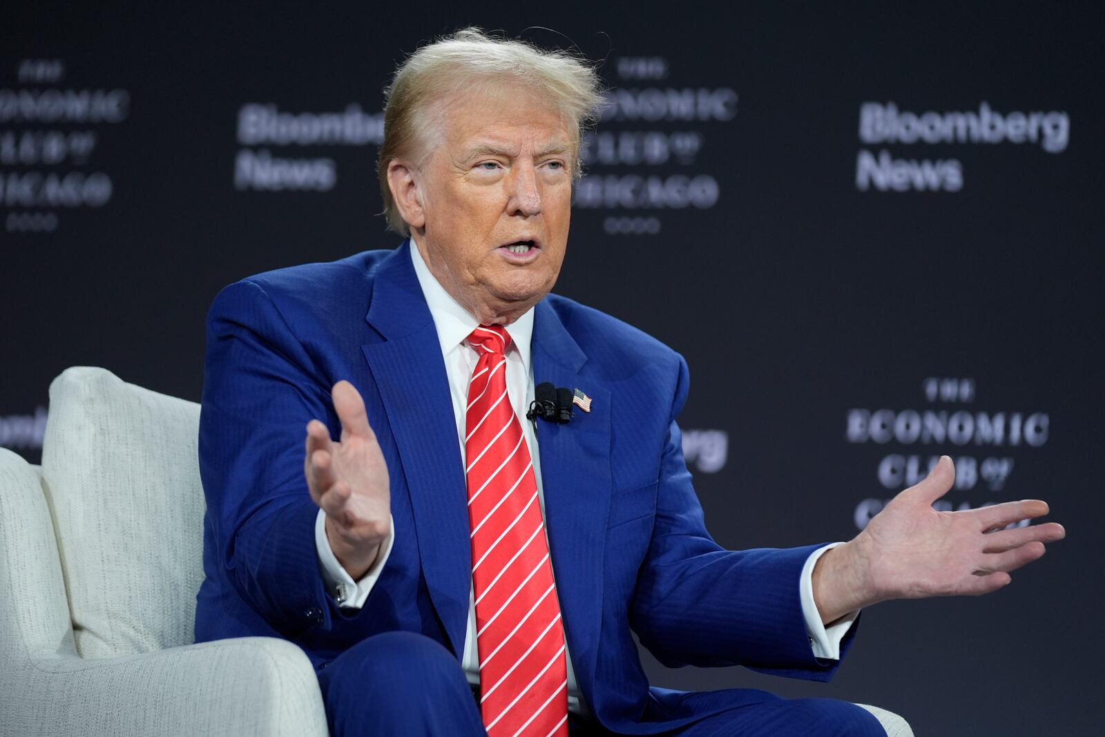 Republican presidential nominee former President Donald Trump speaks during an interview with Bloomberg News Editor-in-Chief John Micklethwait during an event with the Economic Club of Chicago, Tuesday, Oct. 15, 2024, in Chicago. (AP Photo/Evan Vucci)