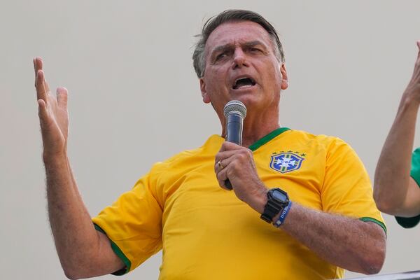 FILE - Former President Jair Bolsonaro addresses supporters during a rally in Sao Paulo, Brazil, Feb. 25, 2024. (AP Photo/Andre Penner, File)