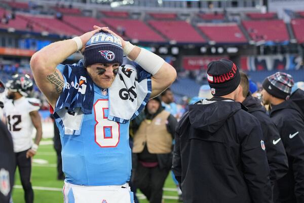 Tennessee Titans quarterback Will Levis (8) leaves the field after an NFL football game against the Houston Texans Sunday, Jan. 5, 2025, in Nashville, Tenn. The Texans won 23-14. (AP Photo/George Walker IV)