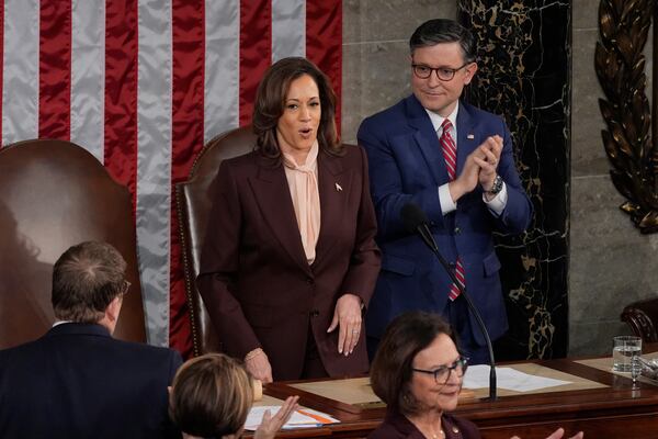 Vice President Kamala Harris, left, adjourns as House Speaker Mike Johnson of La., looks on as a joint session of Congress convenes to confirm the Electoral College votes, affirming President-elect Donald Trump's victory in the presidential election, Monday, Jan. 6, 2025, at the U.S. Capitol in Washington. (AP Photo/Manuel Balce Ceneta)