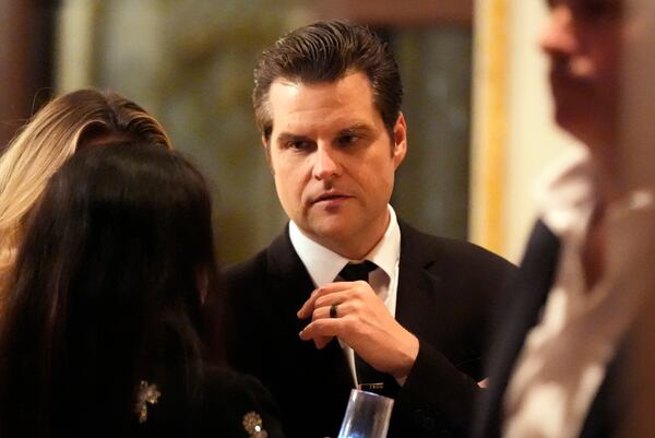 Matt Gaetz arrives before President-elect Donald Trump speaks during an America First Policy Institute gala at his Mar-a-Lago estate, Thursday, Nov. 14, 2024, in Palm Beach, Fla. (AP Photo/Alex Brandon)