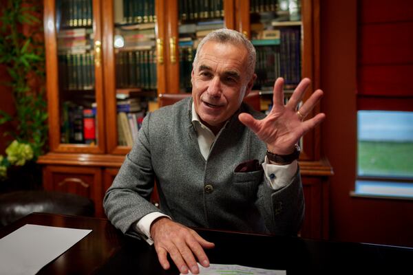 Calin Georgescu, the independent candidate for presidency who won the first round of presidential elections, speaks after an interview with the Associated Press in Izvorani, Romania, Wednesday, Dec. 4, 2024. (AP Photo/Vadim Ghirda)