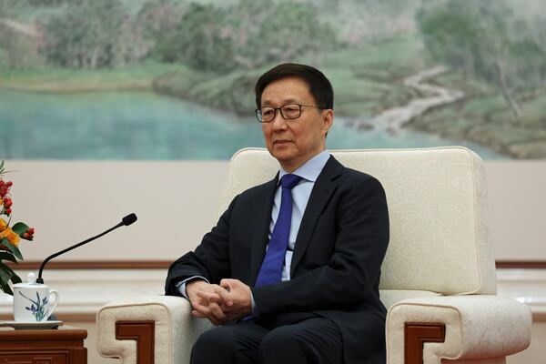 Chinese Vice President Han Zheng attend a meeting with Britain's Chancellor of the Exchequer Rachel Reeves at the Great Hall of the People in Beijing, Saturday, Jan. 11, 2025. (Florence Lo/Pool Photo via AP)