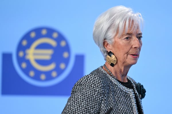 President of the European Central Bank Christine Lagarde arrives for a press conference at the ECB headquarters in Frankfurt, Germany, Thursday, Dec. 12, 2024. (Arne Dedert/dpa via AP)